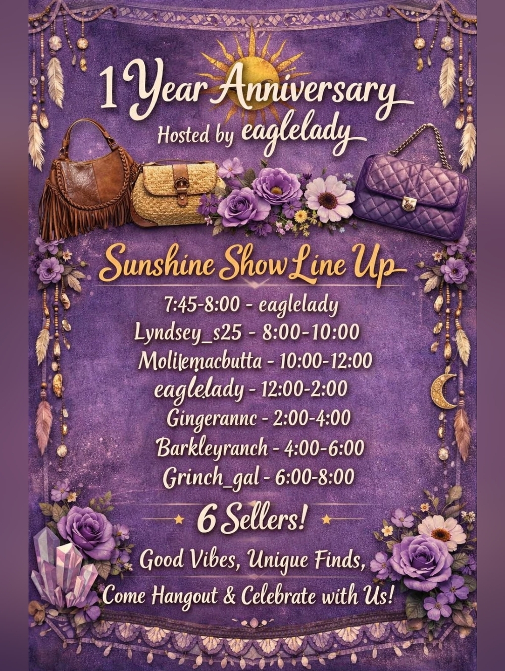 1 Year Anniversary Sunshine Show Line Up - Purple Party Poster
